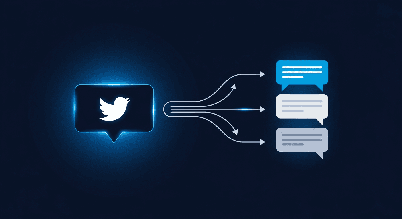 Auto DM on X: How to Automatically Send DMs to Everyone Who Engages With Your Tweets Auto DM feature on X showing DM flow from tweet engagement to automated direct message on dark background