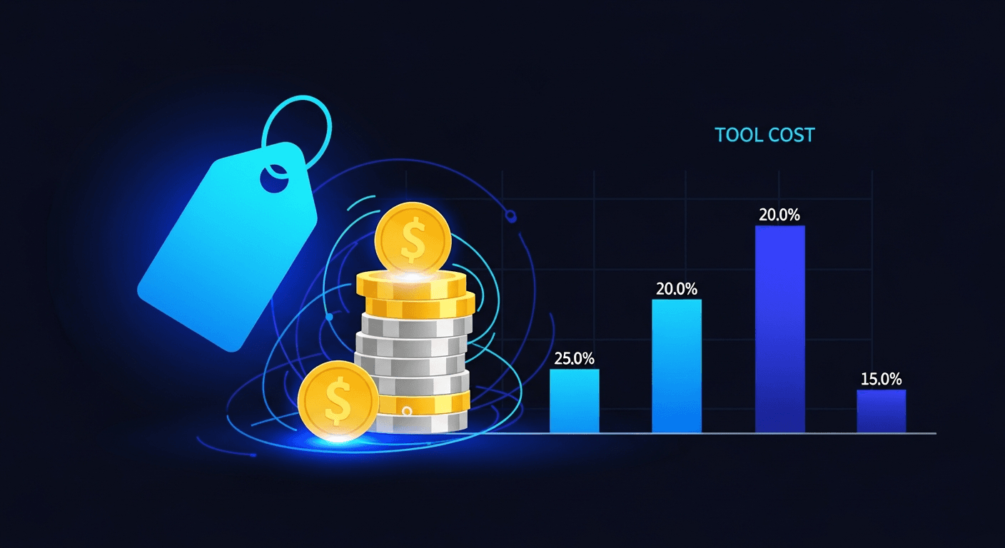 Affordable AI Social Media Under $50/Month Abstract price tag and budget graph visualizing AI social media tool costs