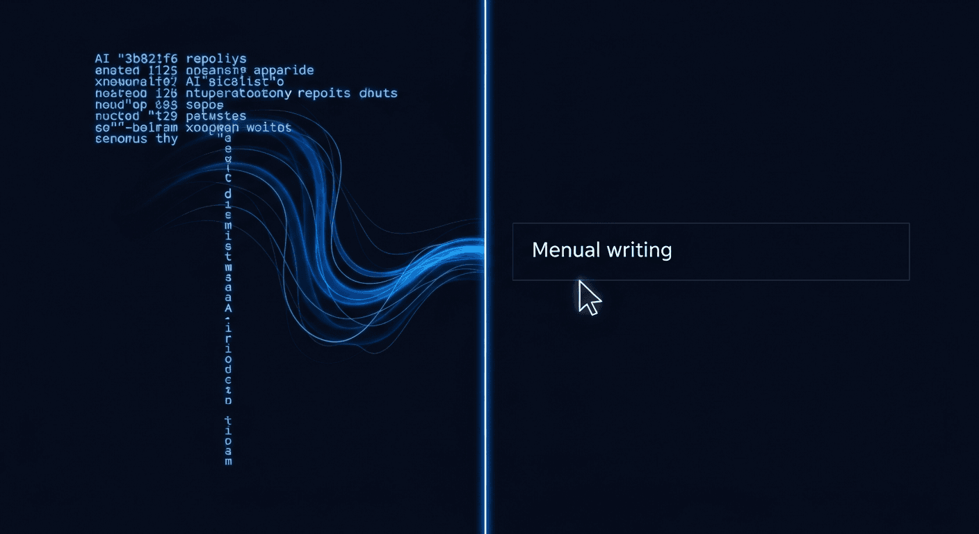 AI Reply Generator vs. Writing Yourself AI reply generator interface alongside a blank text box representing writing replies manually on a dark navy background
