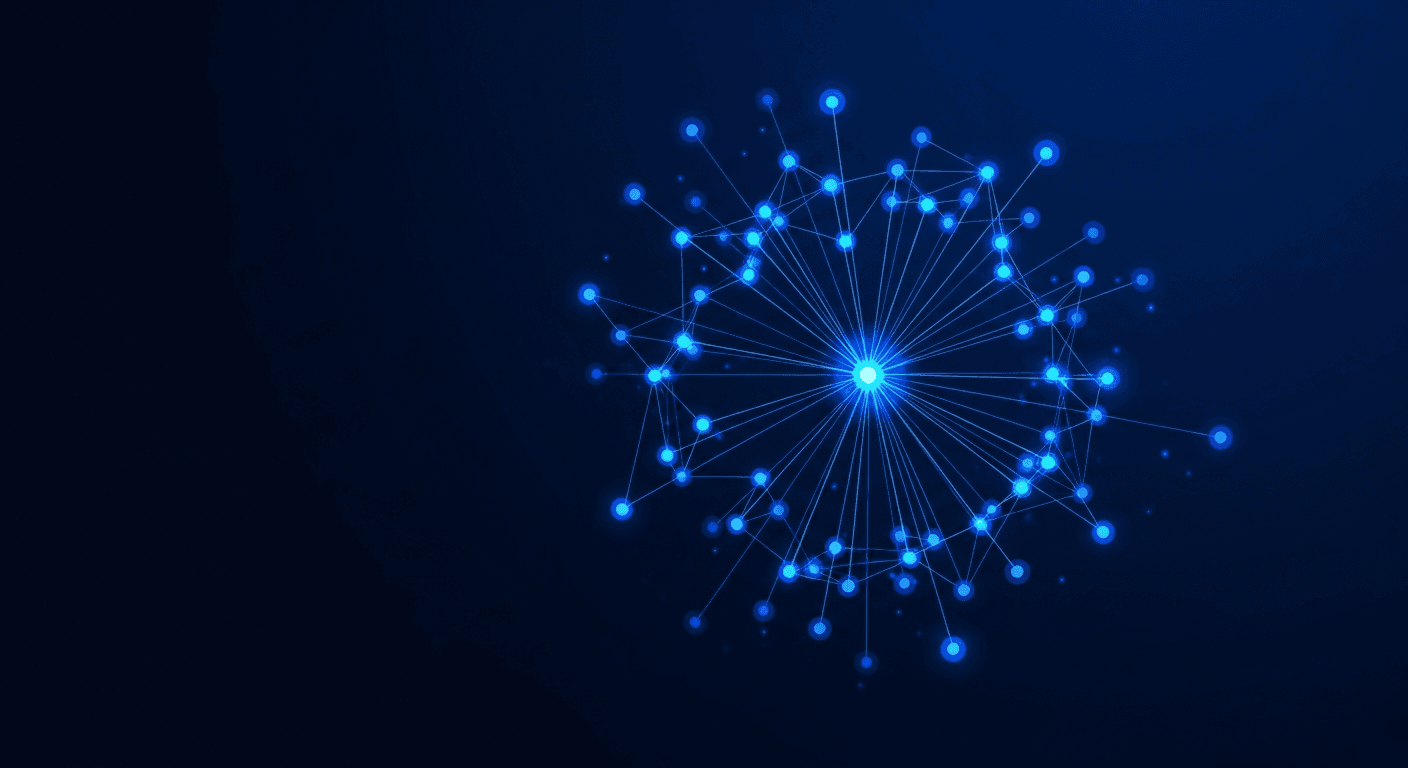 AI Social Media for B2B SaaS Founders on X Abstract network of connected nodes on dark navy background with electric blue and indigo lines representing cross-platform presence