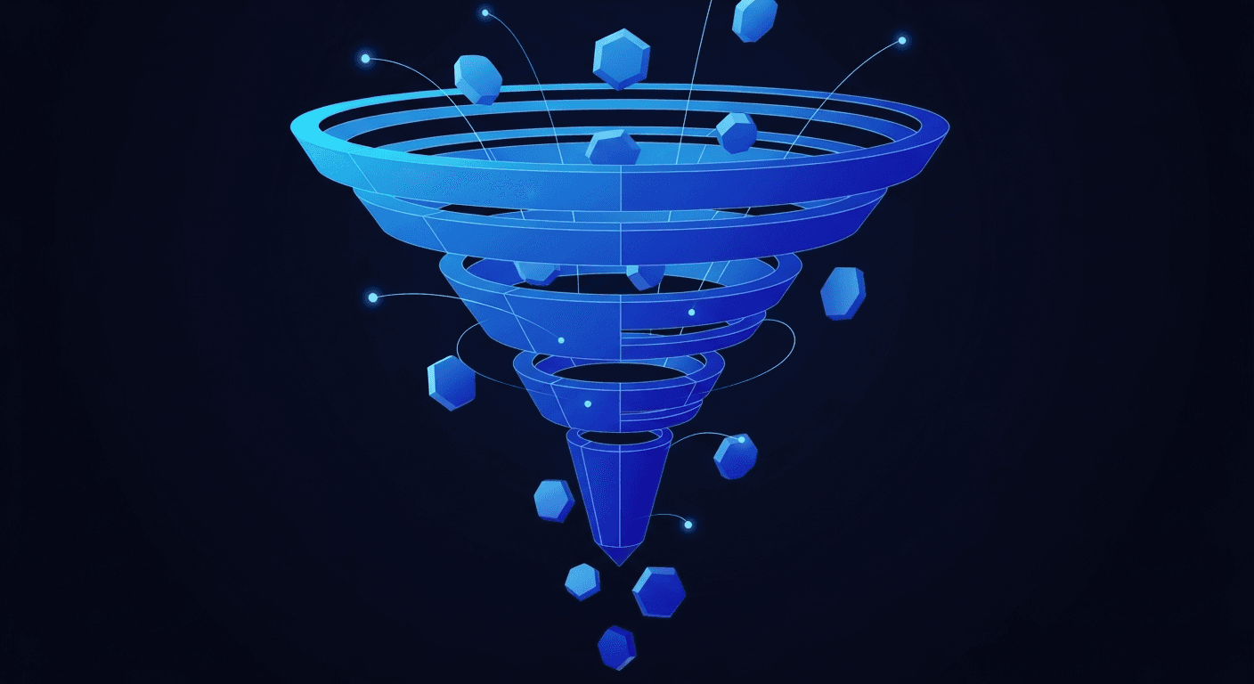 AI Social Media Tools for Lead Gen Abstract funnel with pipeline flow shapes on dark navy background with electric blue accents