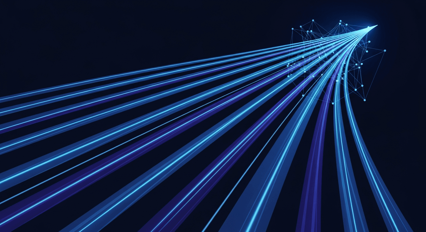 AI Social Tools for Creator Teams Abstract multi-track streams flowing in parallel on dark navy background