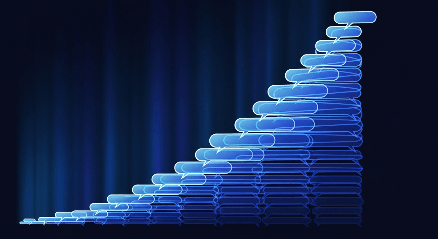 AI Tool for Managing Replies at Scale Abstract stacked message bubbles forming an exponential curve on dark navy background
