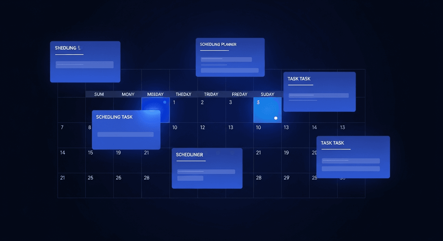 Best Social Media Scheduling Tools Abstract calendar and scheduling grid on dark navy background with electric blue accents