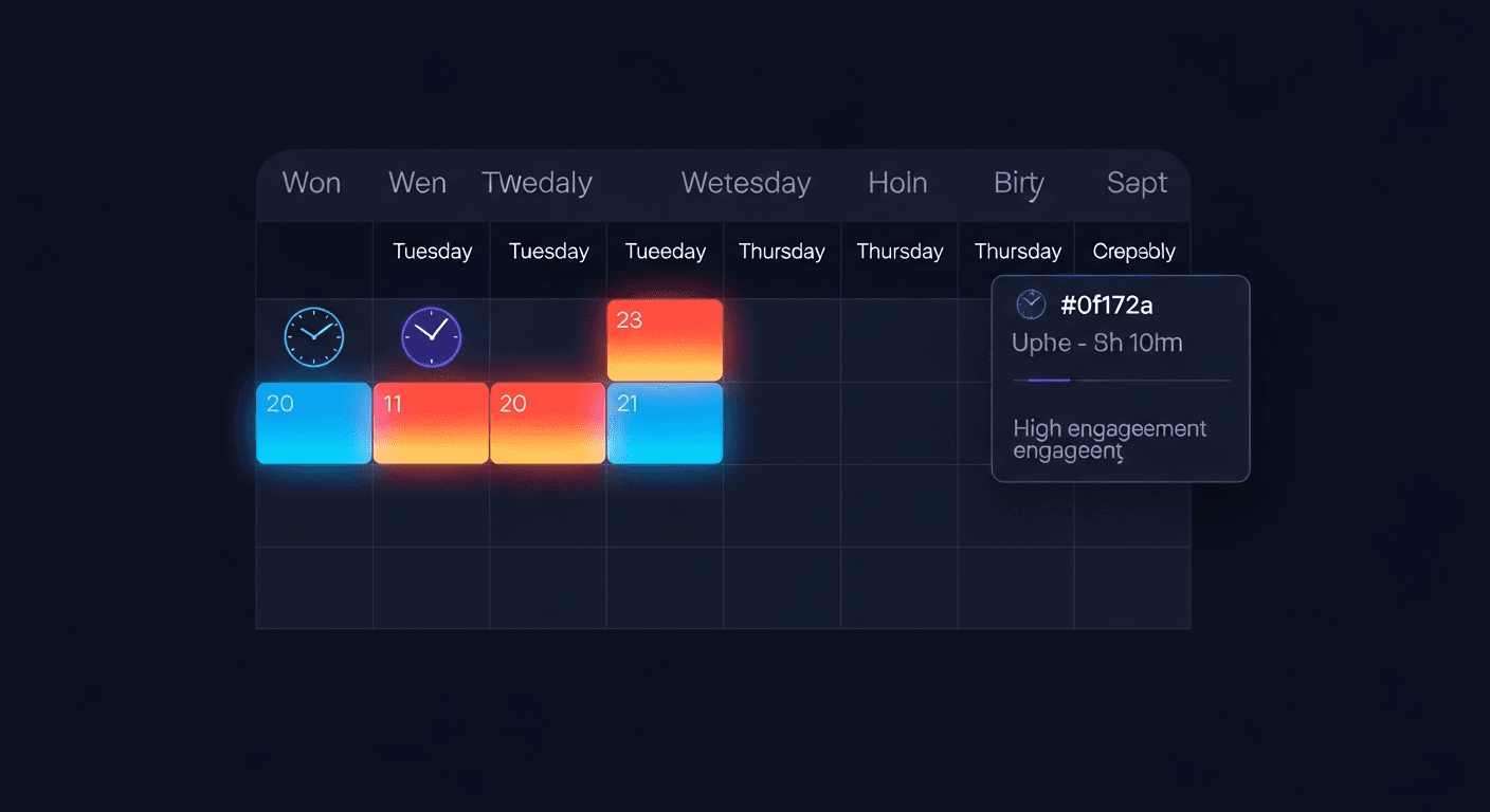 Best Time to Post on LinkedIn in 2026 Abstract clock and calendar visualization on dark navy background with electric blue accents