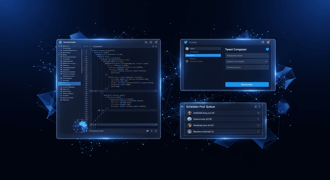 Generate and Schedule Tweets from Your Code Editor Code editor terminal showing XreplyAI MCP tools generating and scheduling tweets