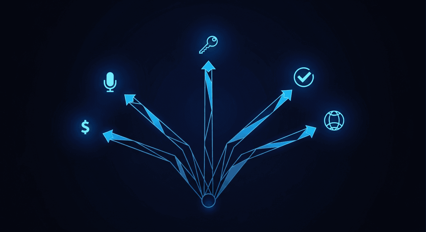 AI Social Media Manager That Sounds Like You Abstract decision tree diagram with branching evaluation paths on dark navy background