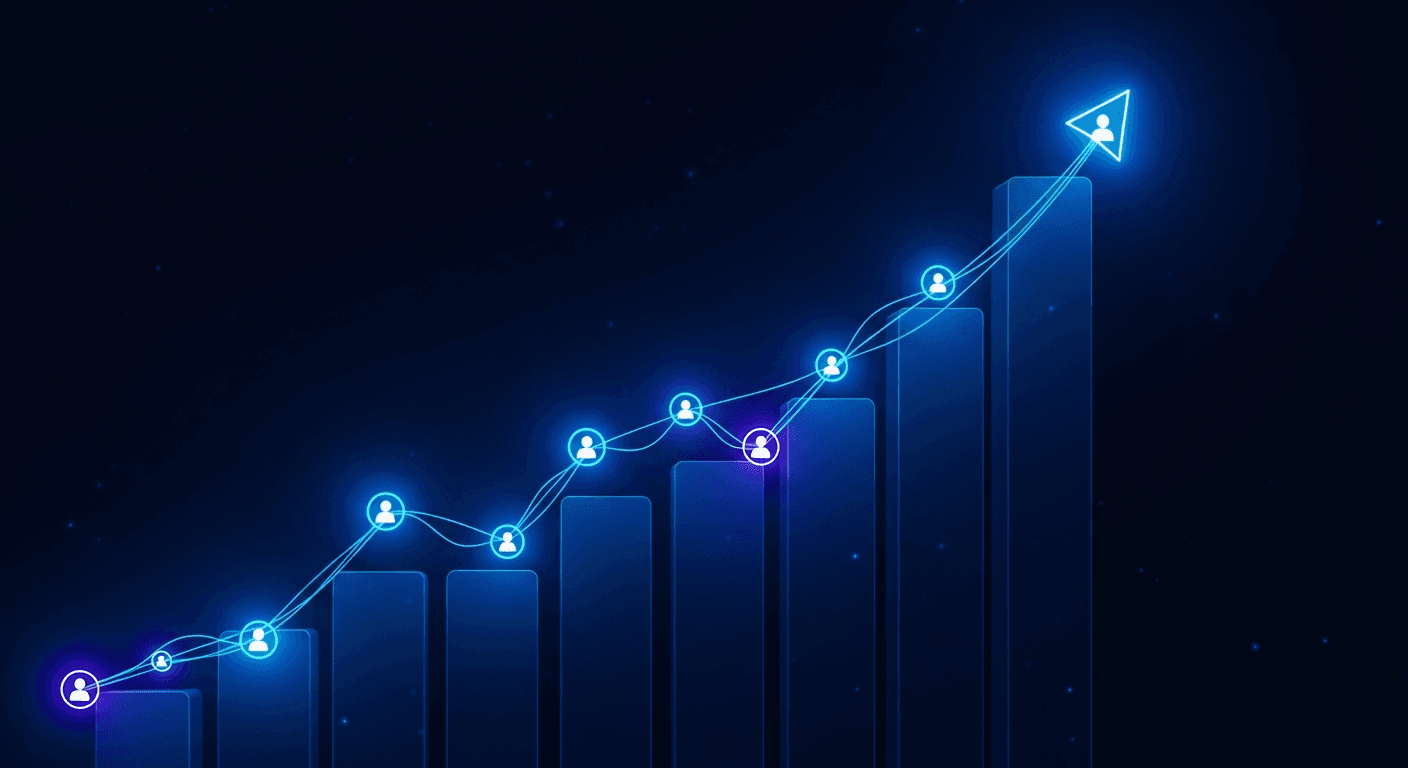 LinkedIn Growth for Solo Founders Abstract dark navy illustration of LinkedIn growth signals with electric blue network nodes and indigo accents