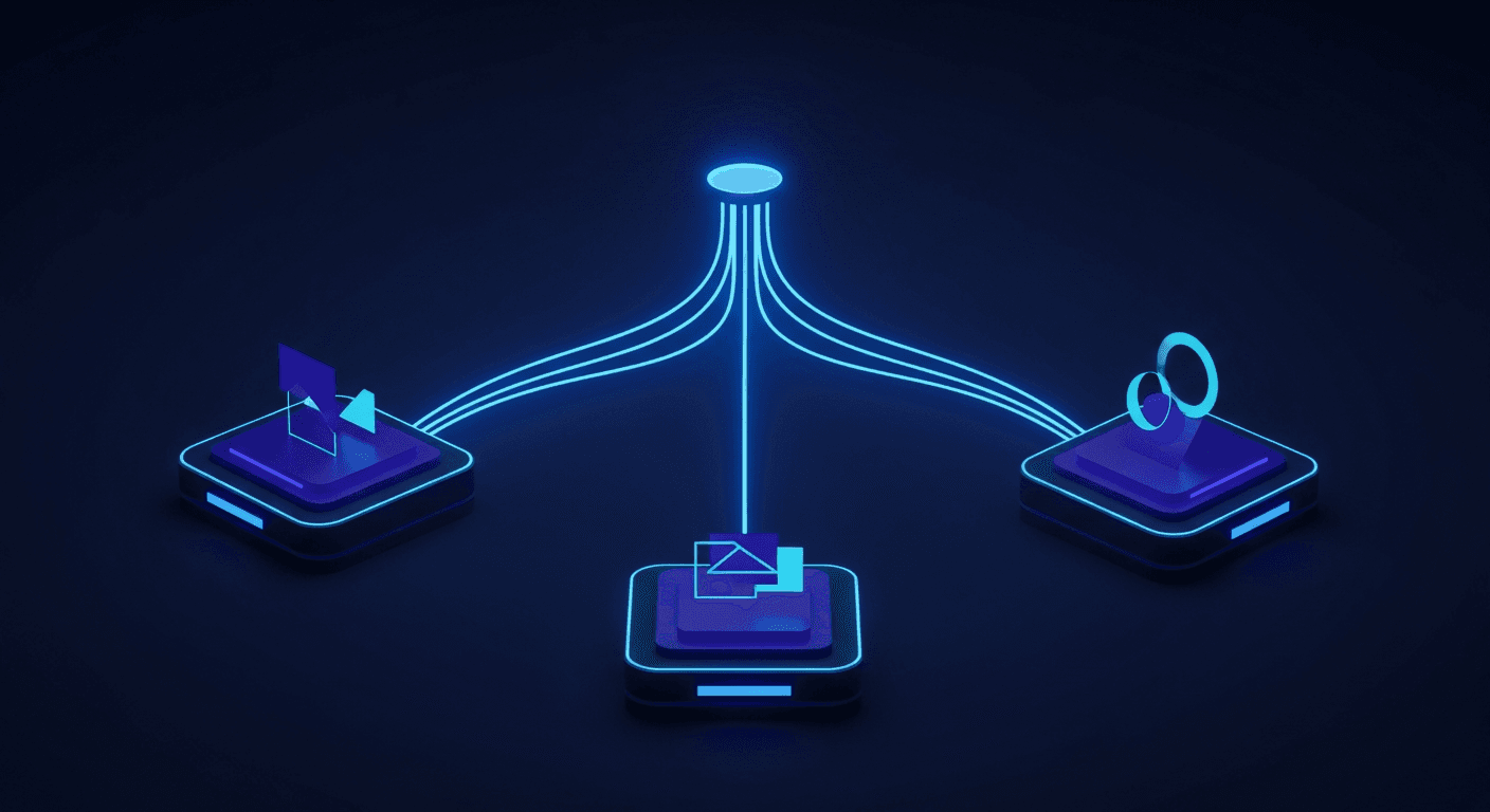 How to Repurpose Social Media Content Abstract multi-platform content flow diagram on dark navy background with electric blue accents
