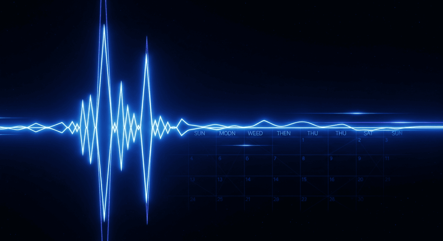 AI Scheduling and Auto-Replies in Your Voice Voice waveform merging with a scheduling calendar grid on dark navy background