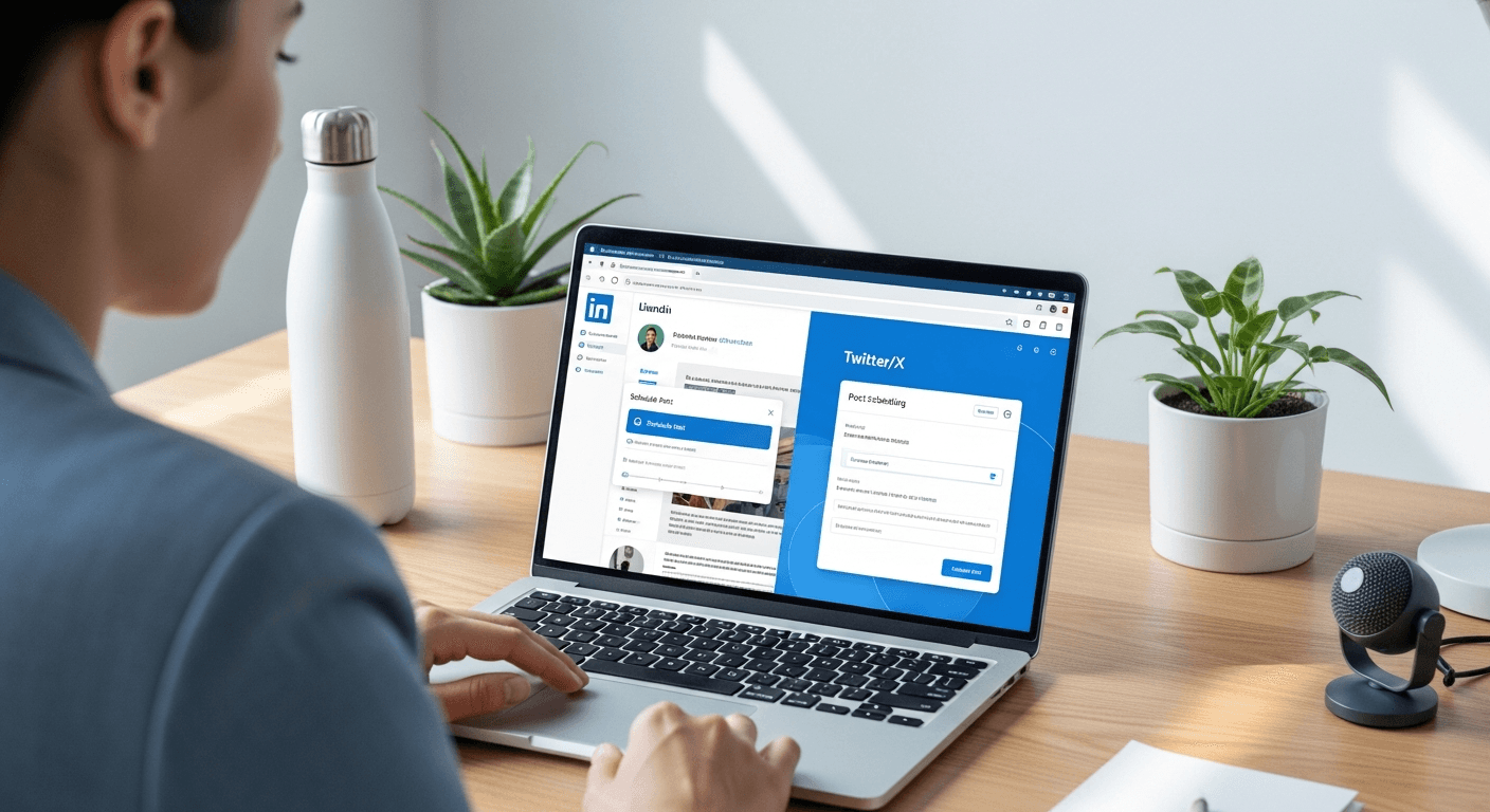 Schedule Posts to LinkedIn and Twitter at the Same Time Person scheduling social media posts across LinkedIn and Twitter on laptop