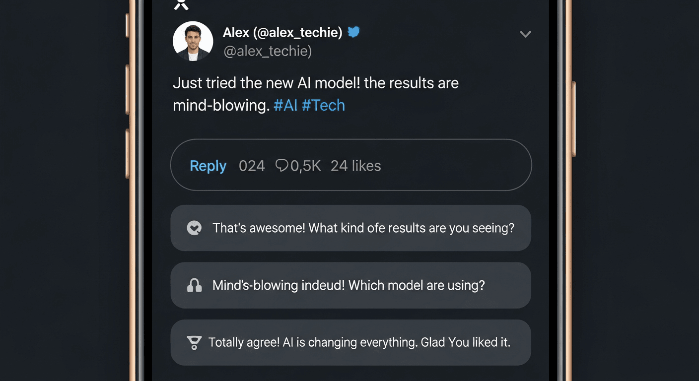 Tweet Reply Generator: Reply Faster in Your Own Voice AI tweet reply generator interface showing replies drafted inside X