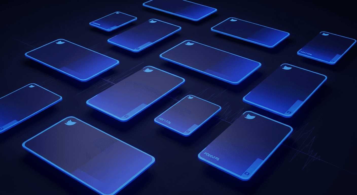Tweet Template Gallery: 10 Formats Abstract dark navy grid of tweet format cards with electric blue accents