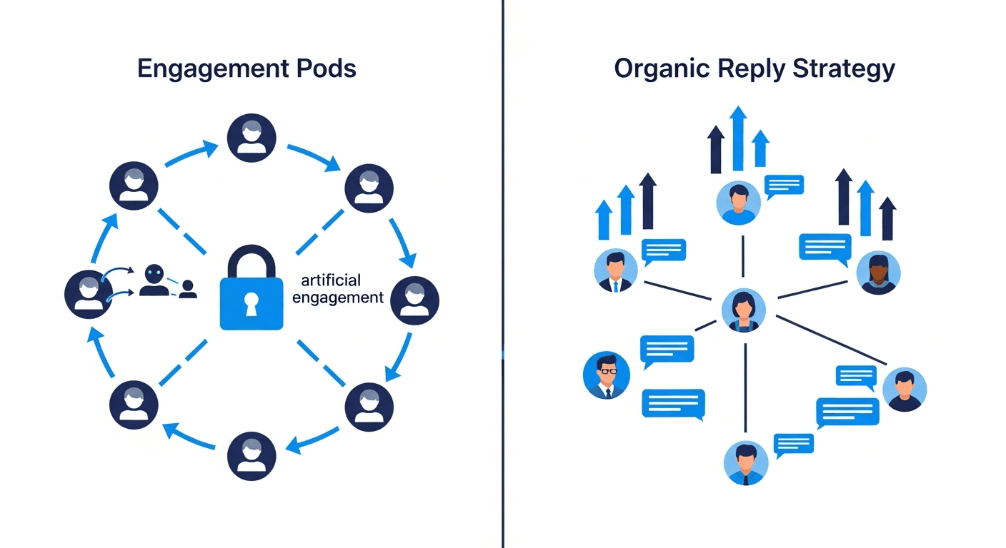 Twitter Engagement Pods: Do They Still Work in 2026? Diagram showing Twitter engagement pods versus organic reply strategy on X