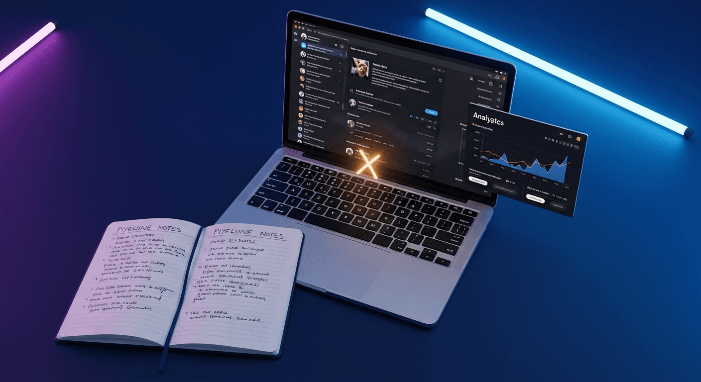 Twitter for Consultants: Get Clients on X Without Paid Ads Consultant reviewing Twitter strategy on laptop with client pipeline notes